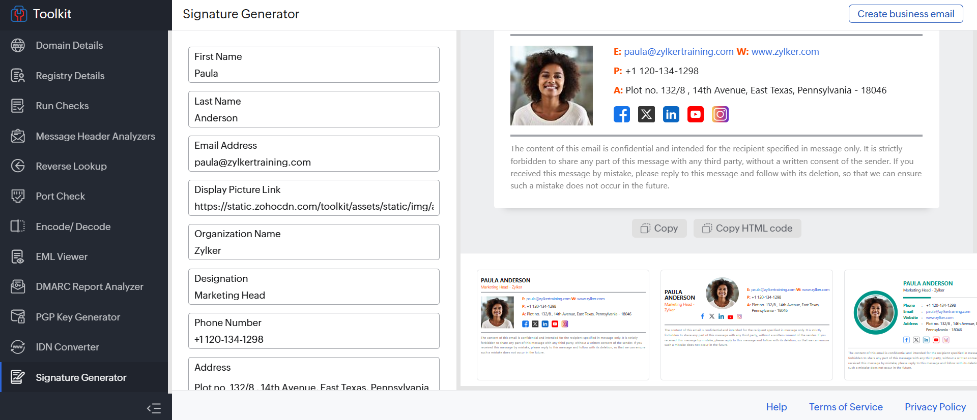 Giao diện chữ ký email của Zoho