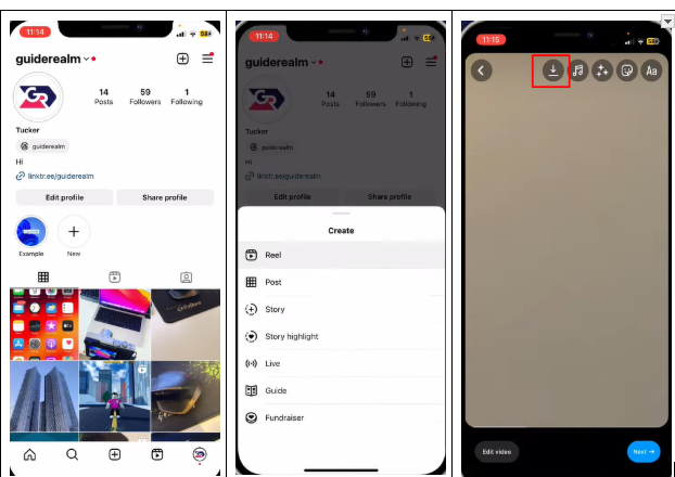 Image showing how to save draft reels with music in the gallery.