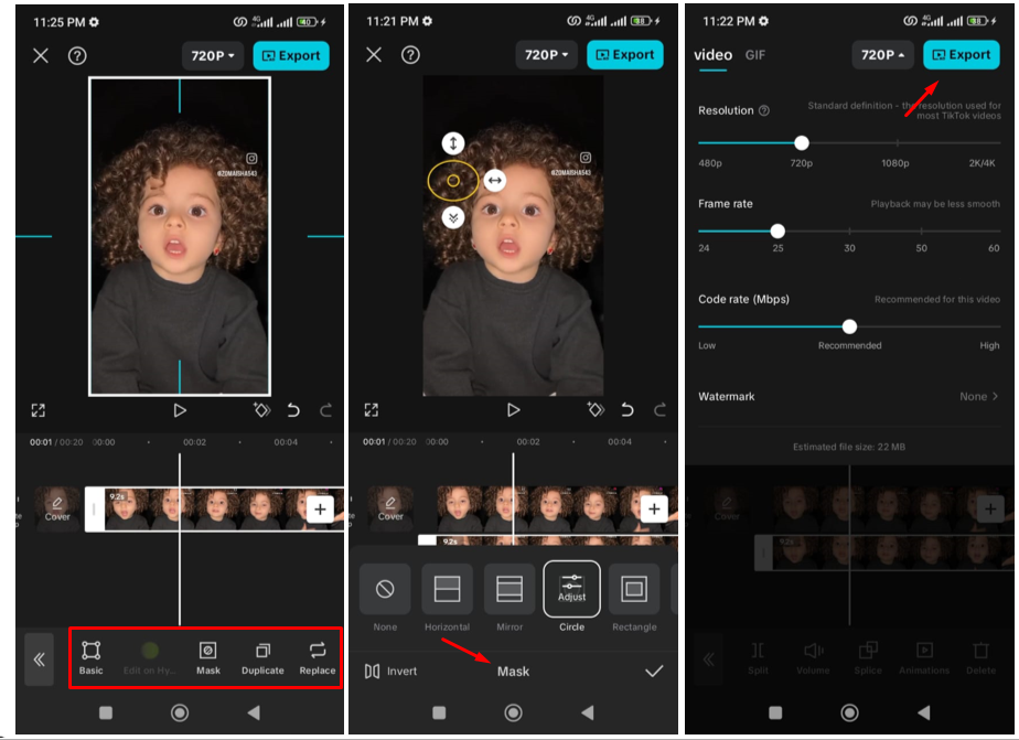 Interfaccia dell' CapCut app mobile che mostra come rimuovere le filigrane dalla bobina di Instagram