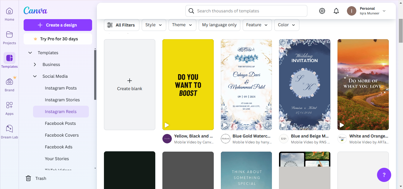 Interface of Canva - the excellent platform to get reel templates for Instagram