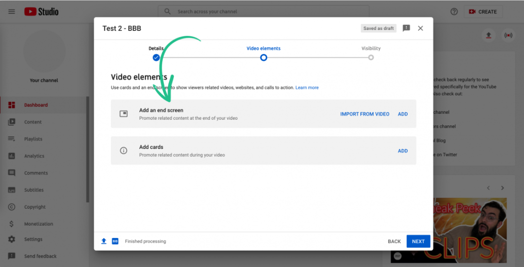 Opening the end screen feature in YouTube Studio