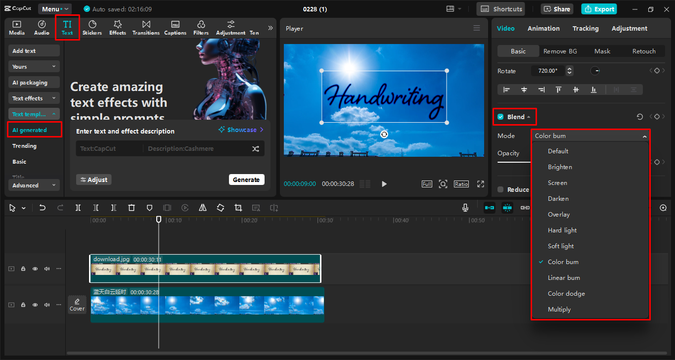 Creating the handwriting effect using the CapCut desktop video editor
