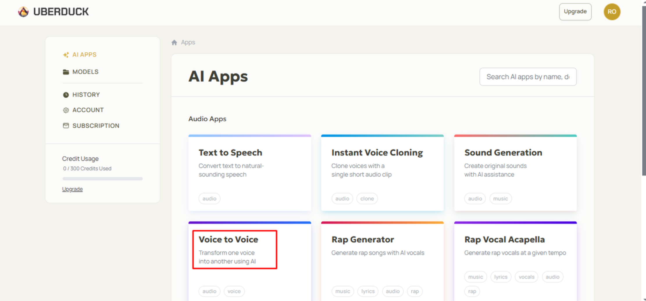 Selecting a voice-to-voice feature for creating AI rapper voices in Uberduck