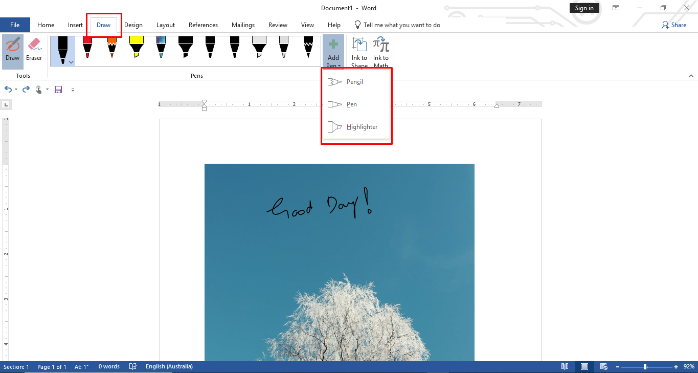 Showing how to write text on images in Word