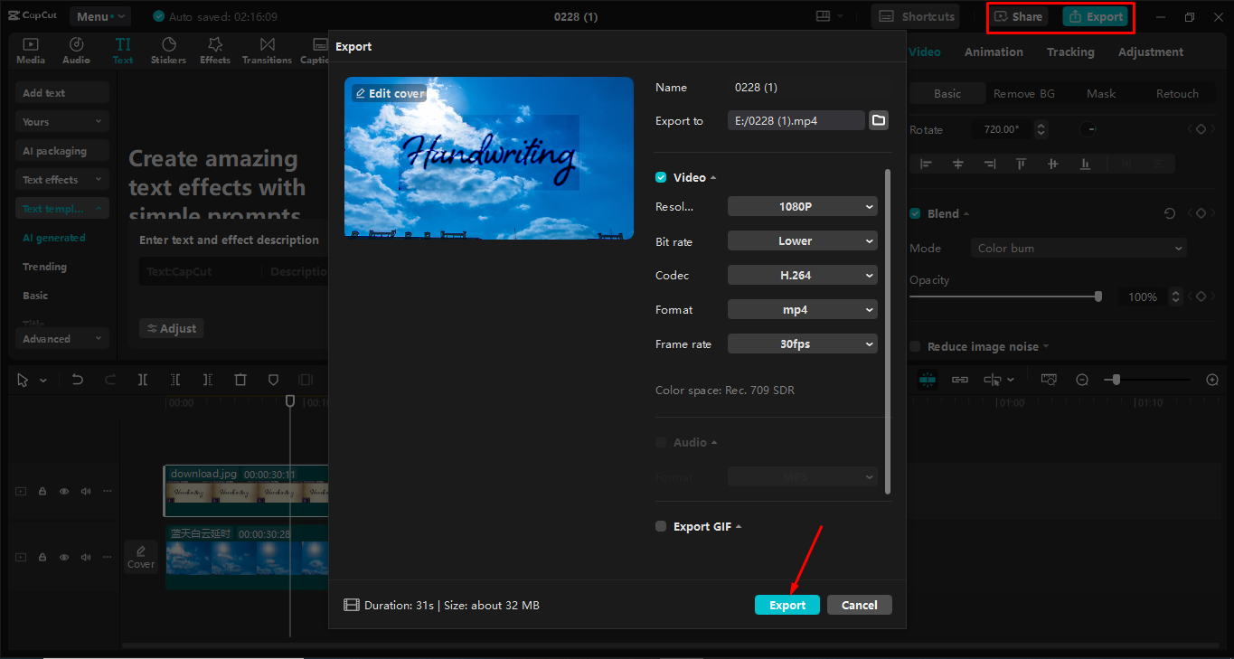 Exporting the video from the CapCut desktop video editor
