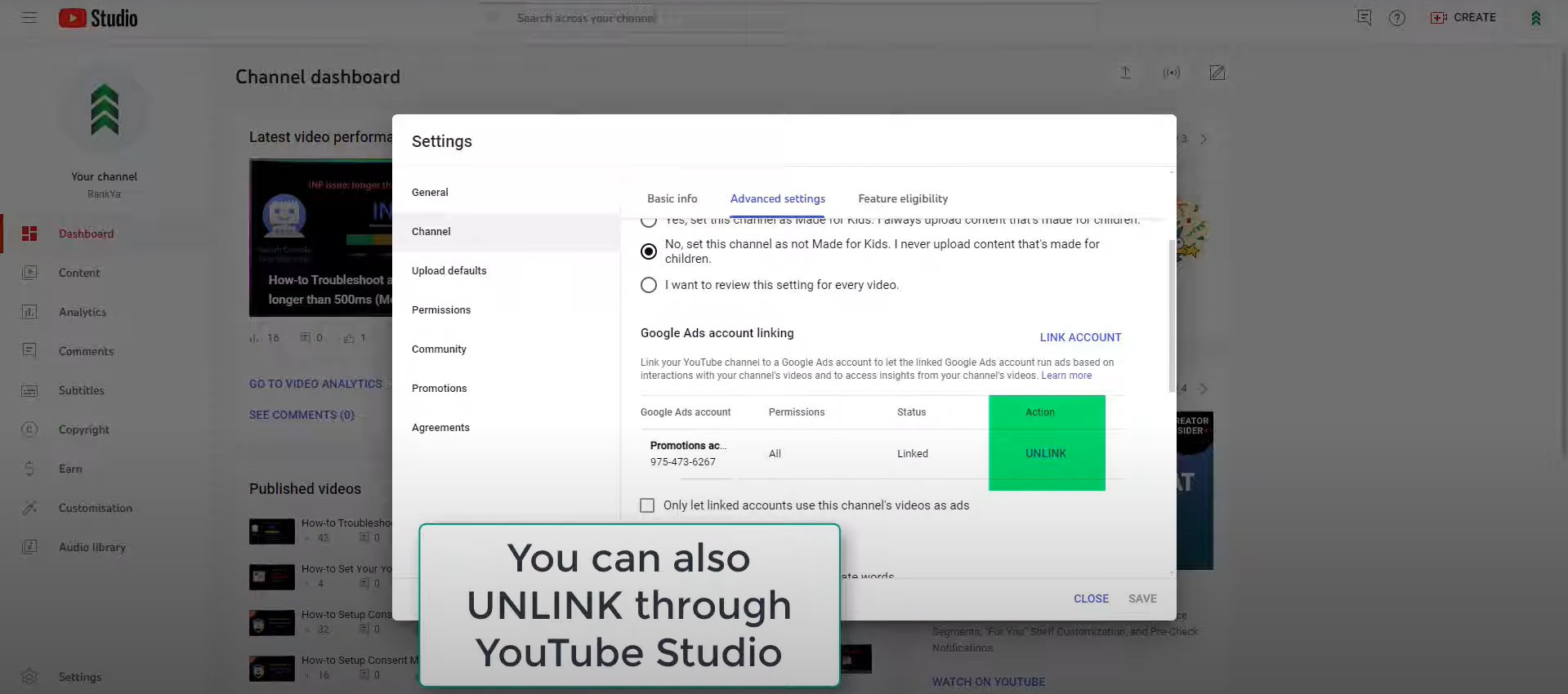 YouTube-tilin irrottaminen Google Ads -tililtä