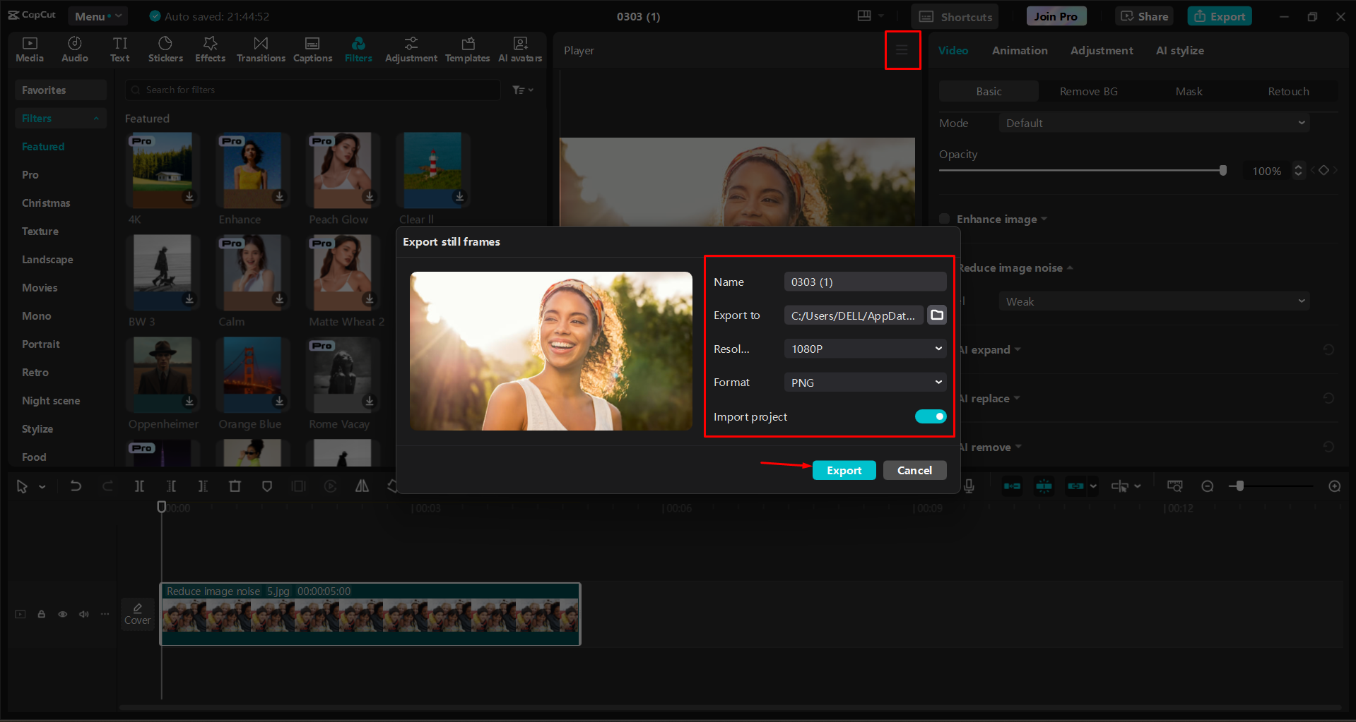 Exporting the still frames from the CapCut desktop video editor