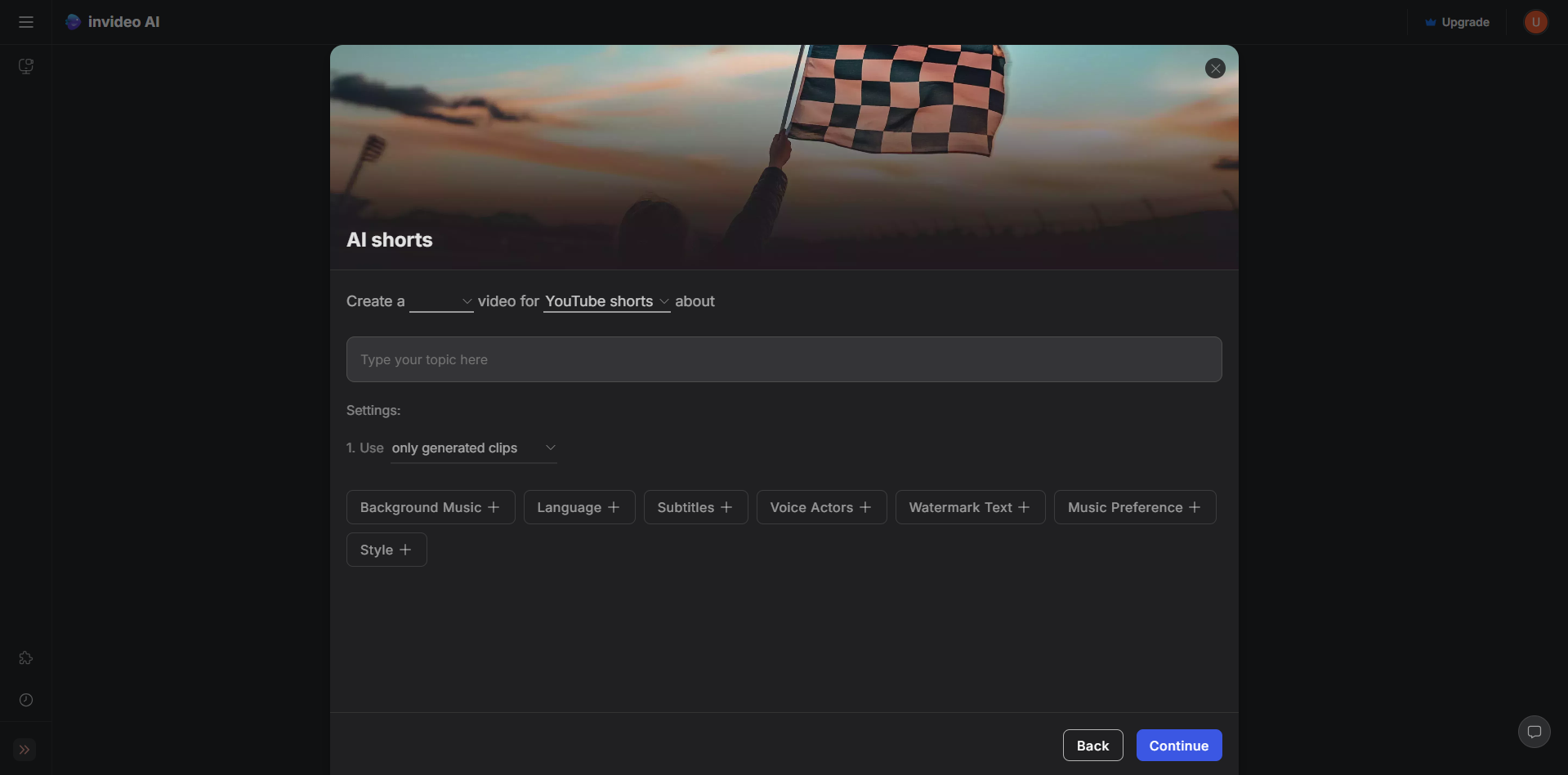 Interface of Invideo AI - another free video editor for YouTube Shorts
