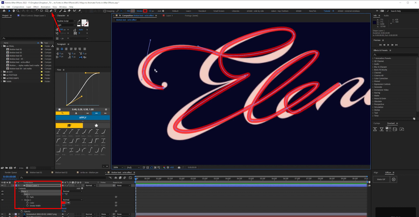 Pen Tool tracing cursive text to create an animate handwriting in After Effects