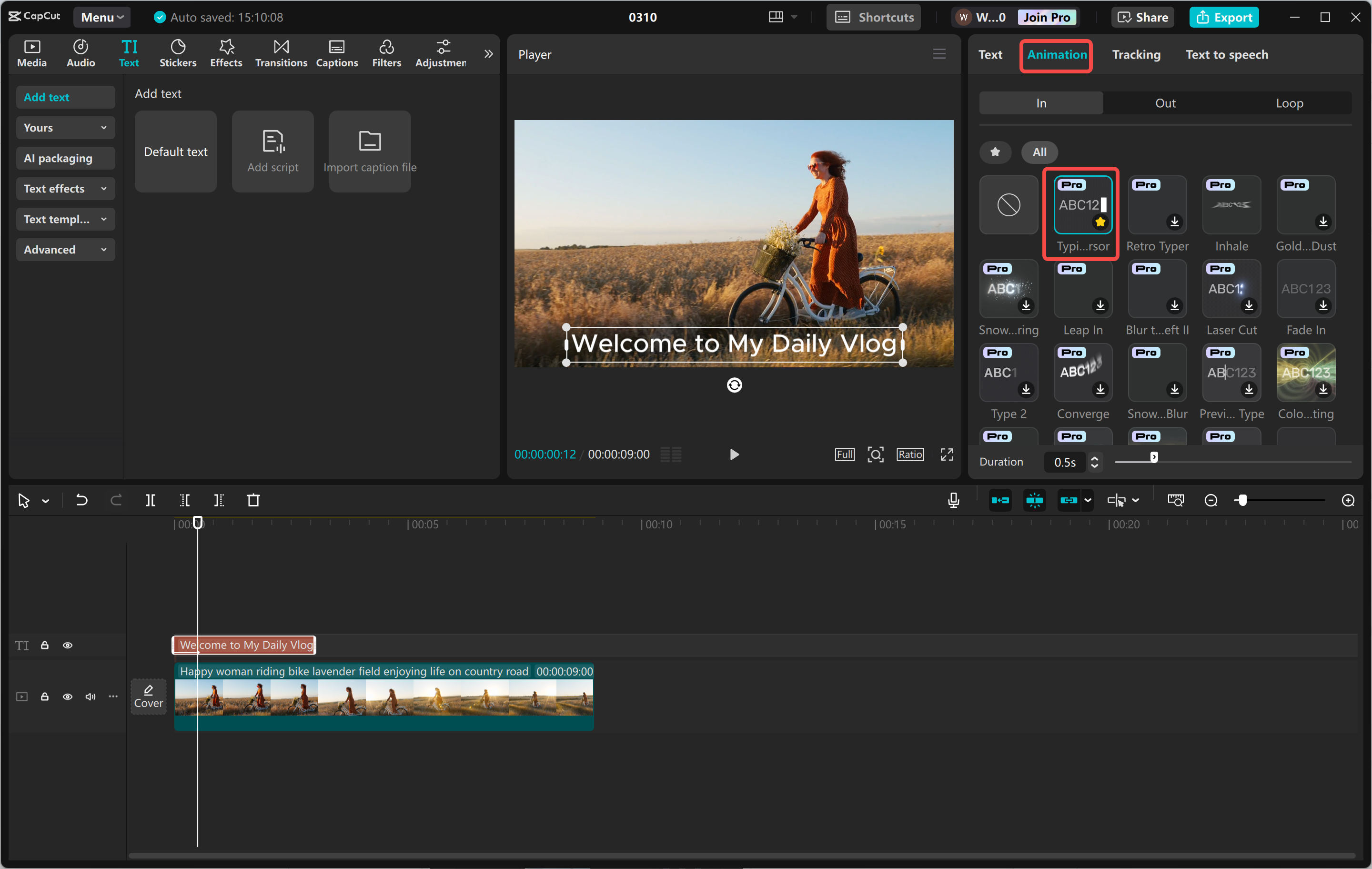 Using the typewriter text effect in the CapCut desktop video editor 