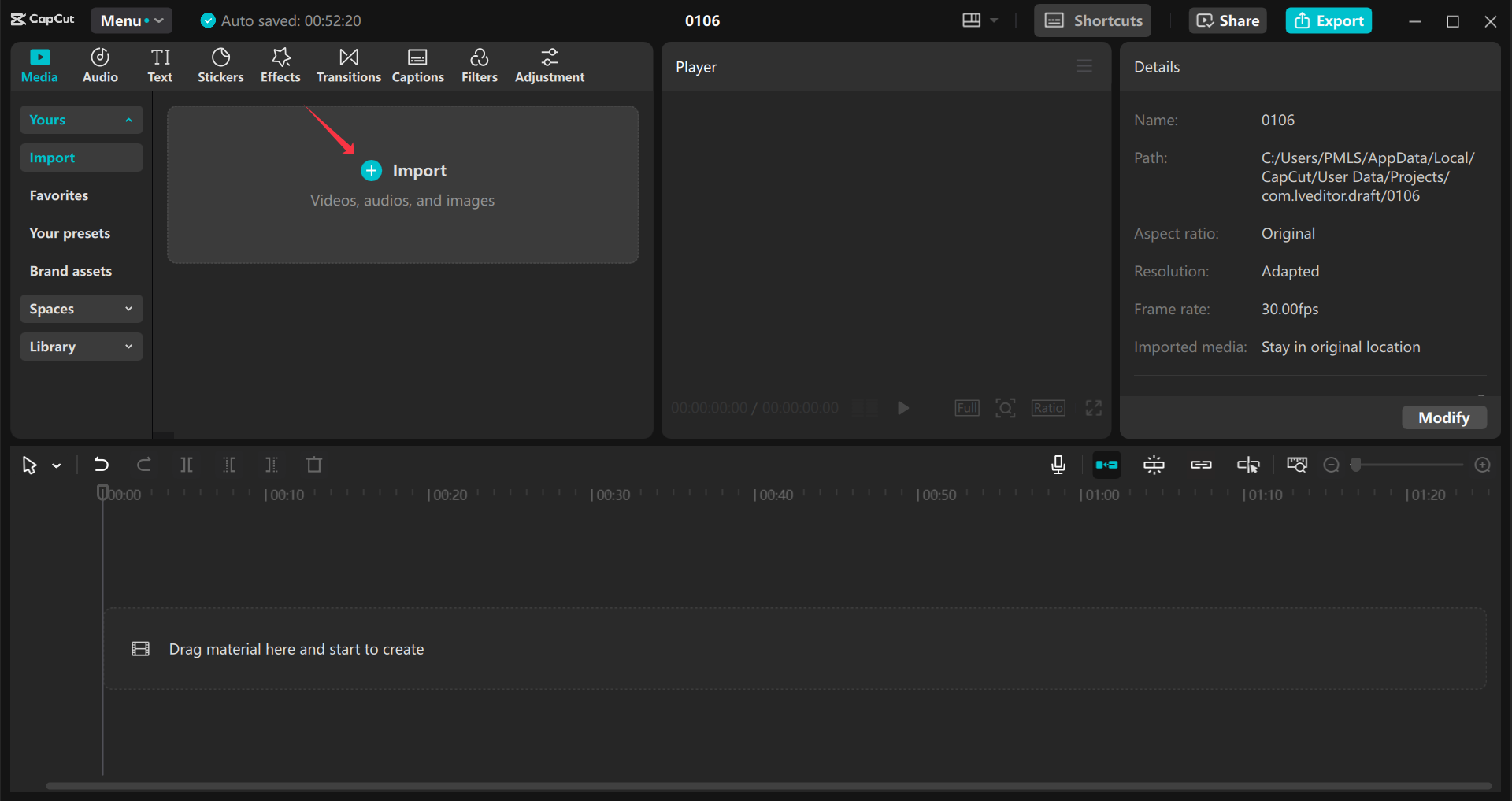 Importazione di video nell' CapCut editor video desktop