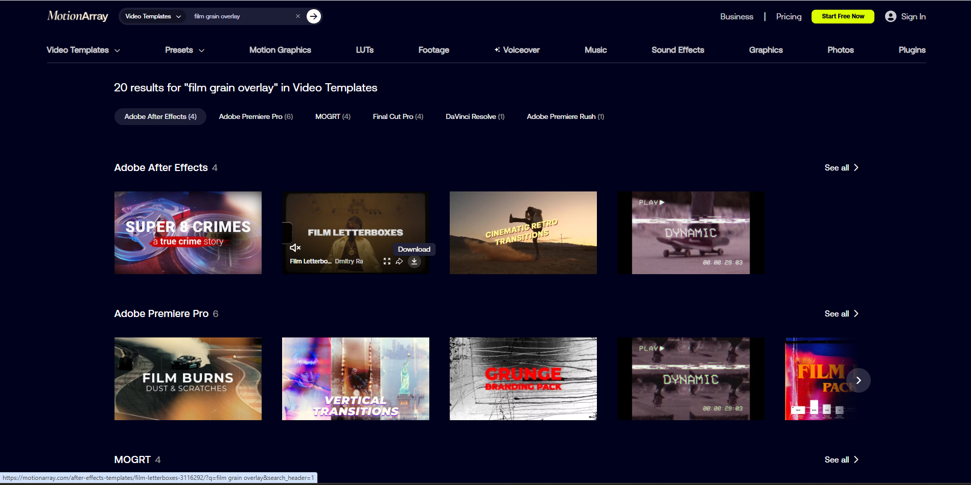 Interface of Motion Array - the most liked resource for free film grain overlays