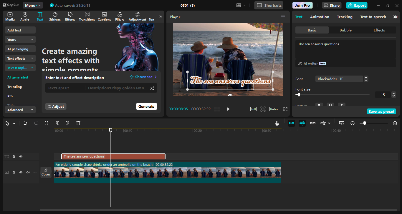 Interfejs CapCut stacjonarnego edytora wideo - najlepsze narzędzie do tworzenia unikalnego tekstu