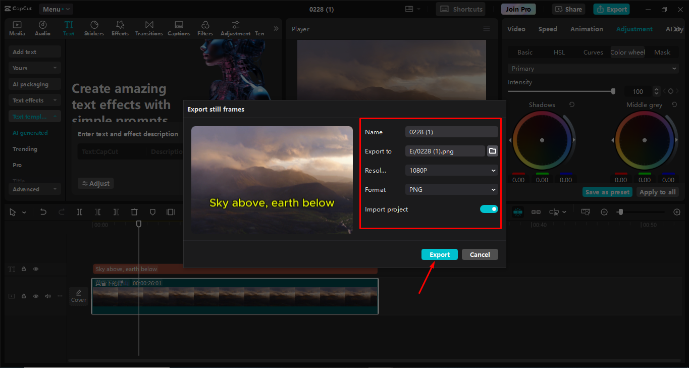 Exporting the image after adding text from the CapCut desktop video editor
