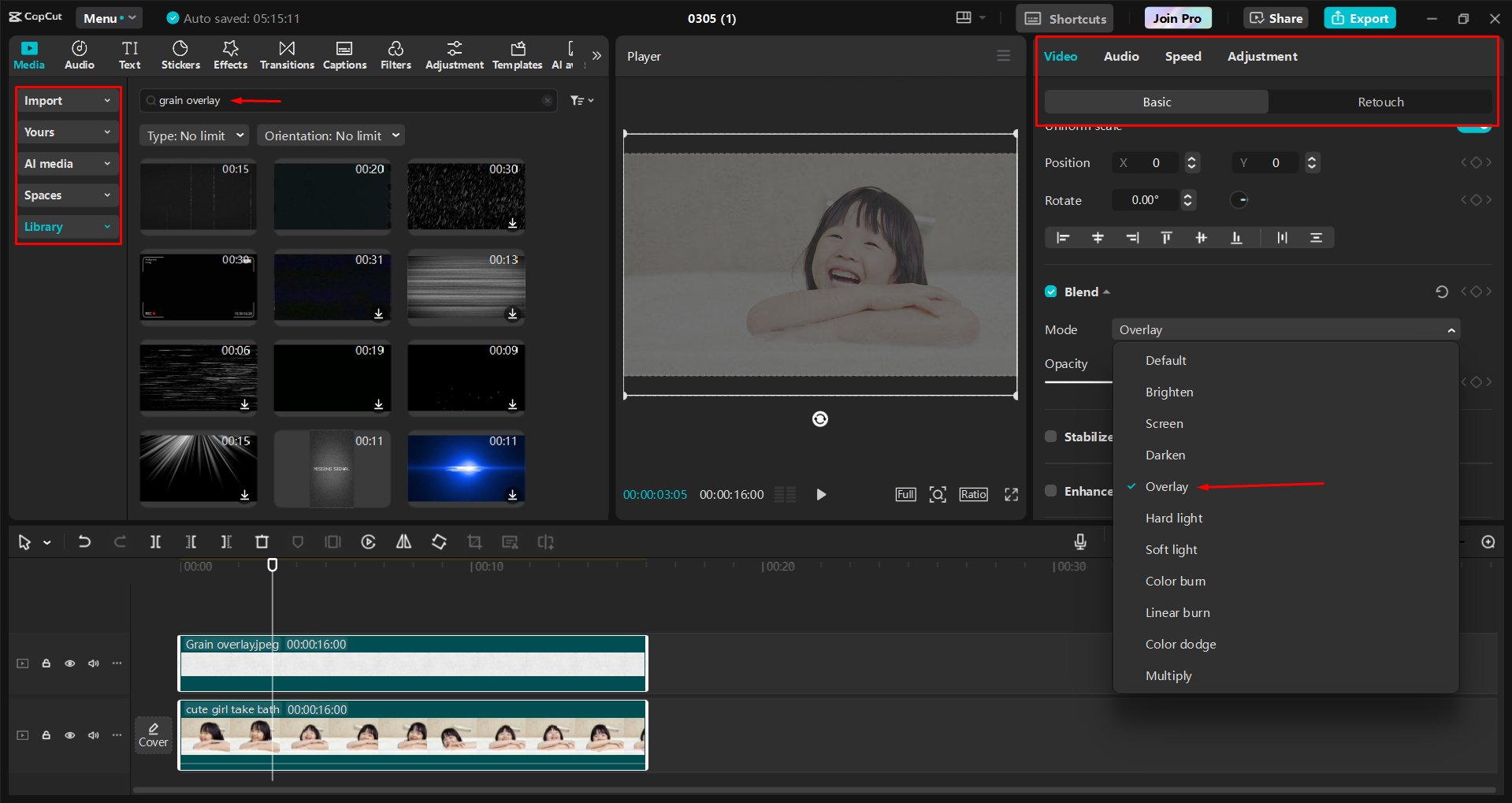 Adding and enhancing the grain overlay in the CapCut desktop video editor
