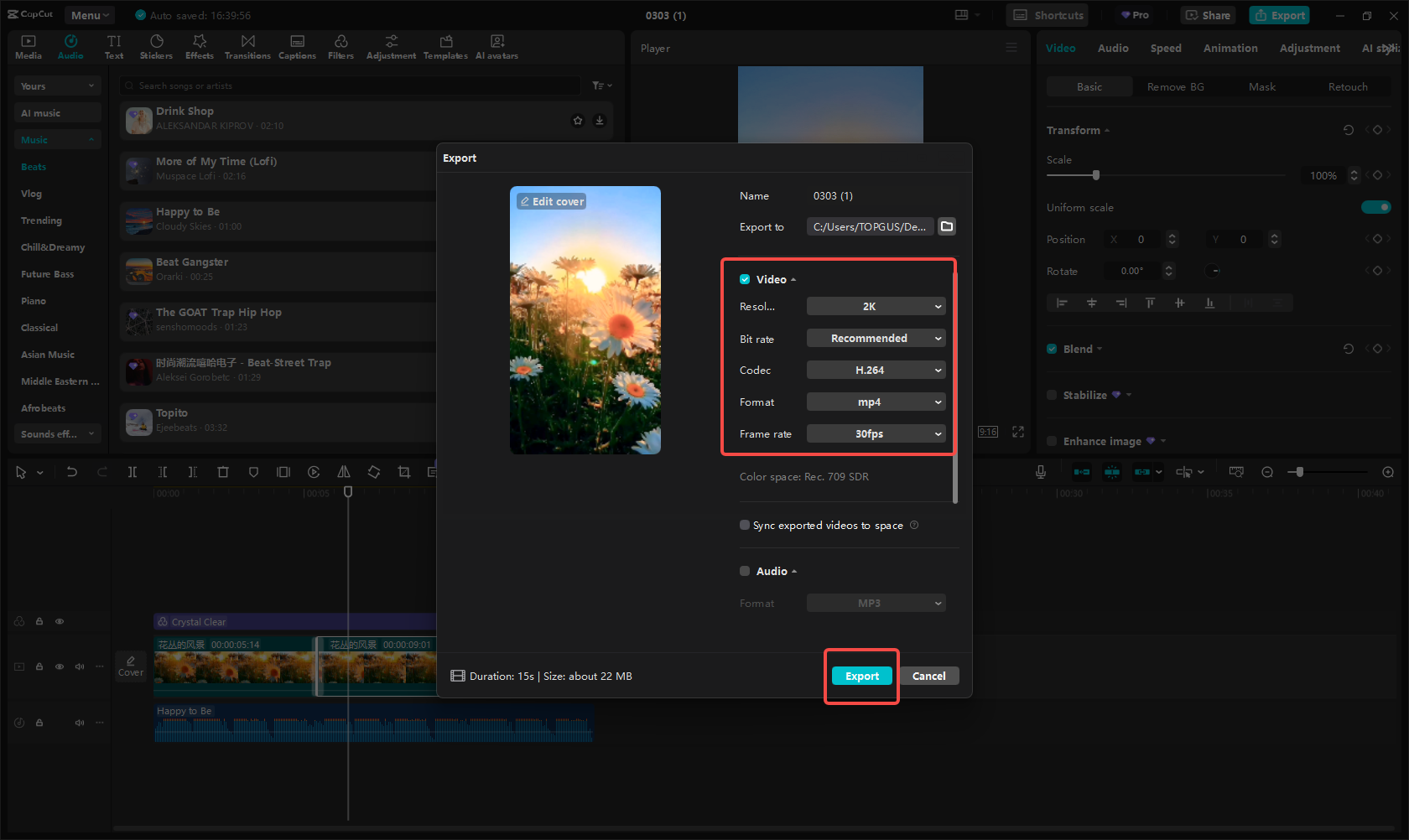Exporting the Instagram Reel in CapCut