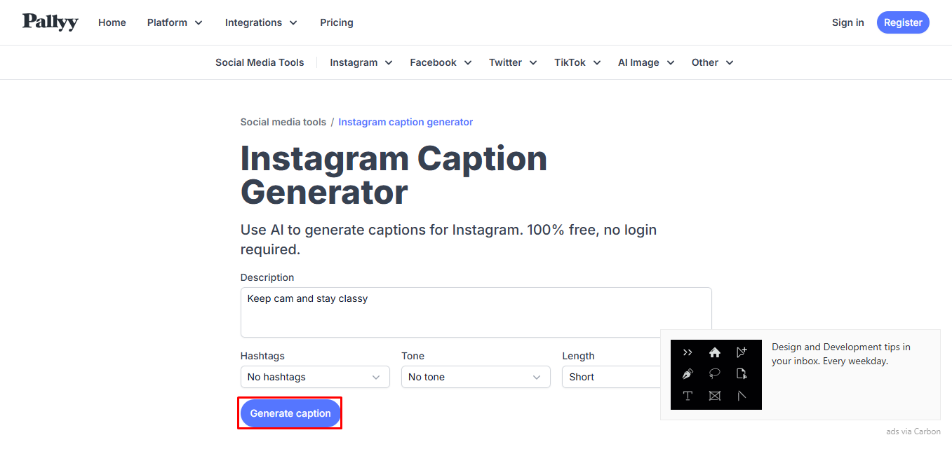 Интерфейс Pallyy - идеальный генератор подписей в Instagram