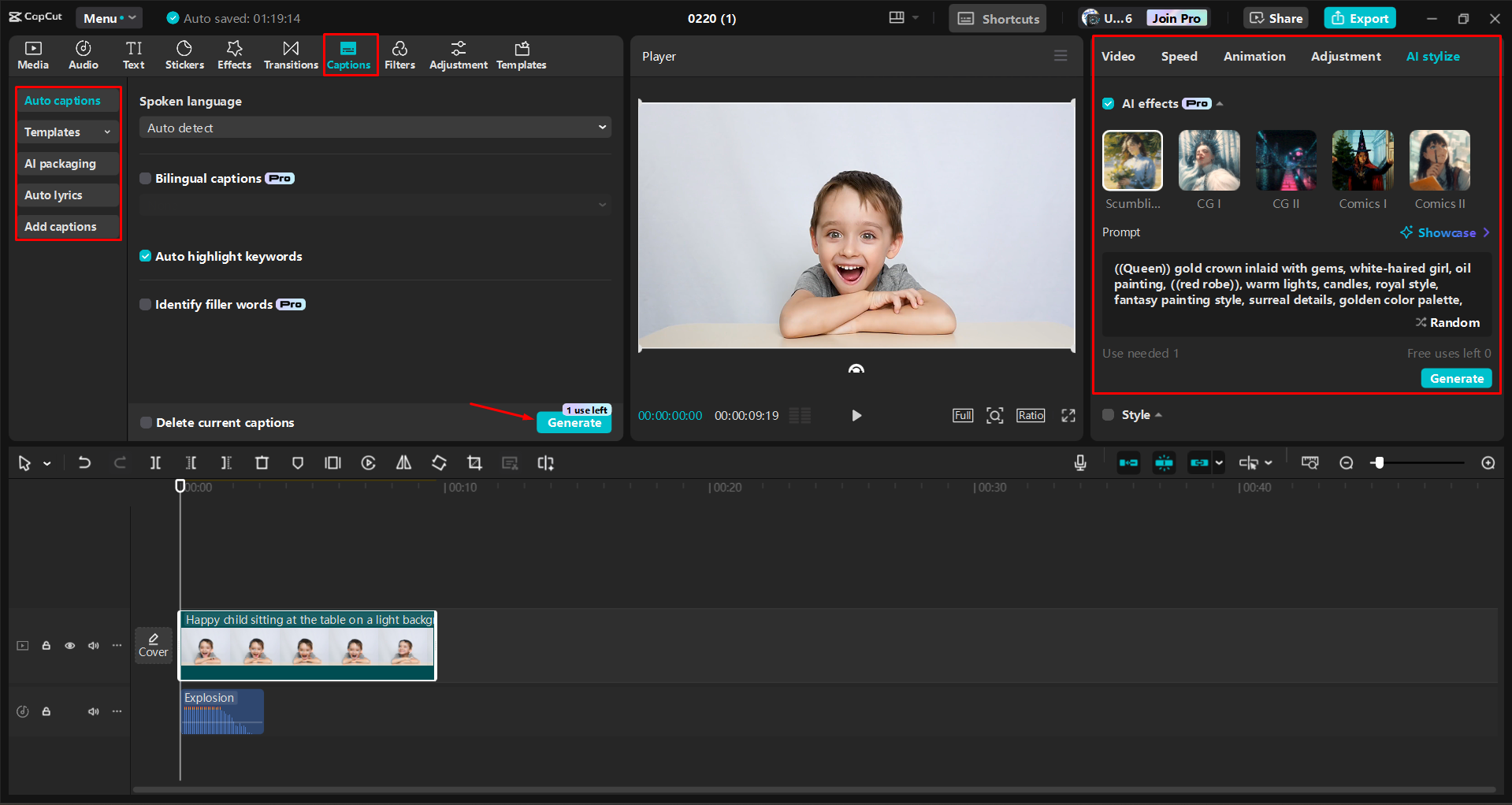 Adding transitions and generating captions to a video in the CapCut desktop video editor