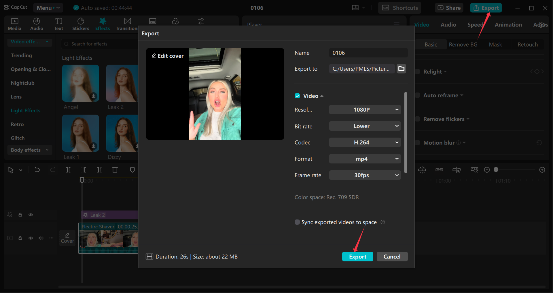 Esportazione di annunci video dall' CapCut editor video desktop