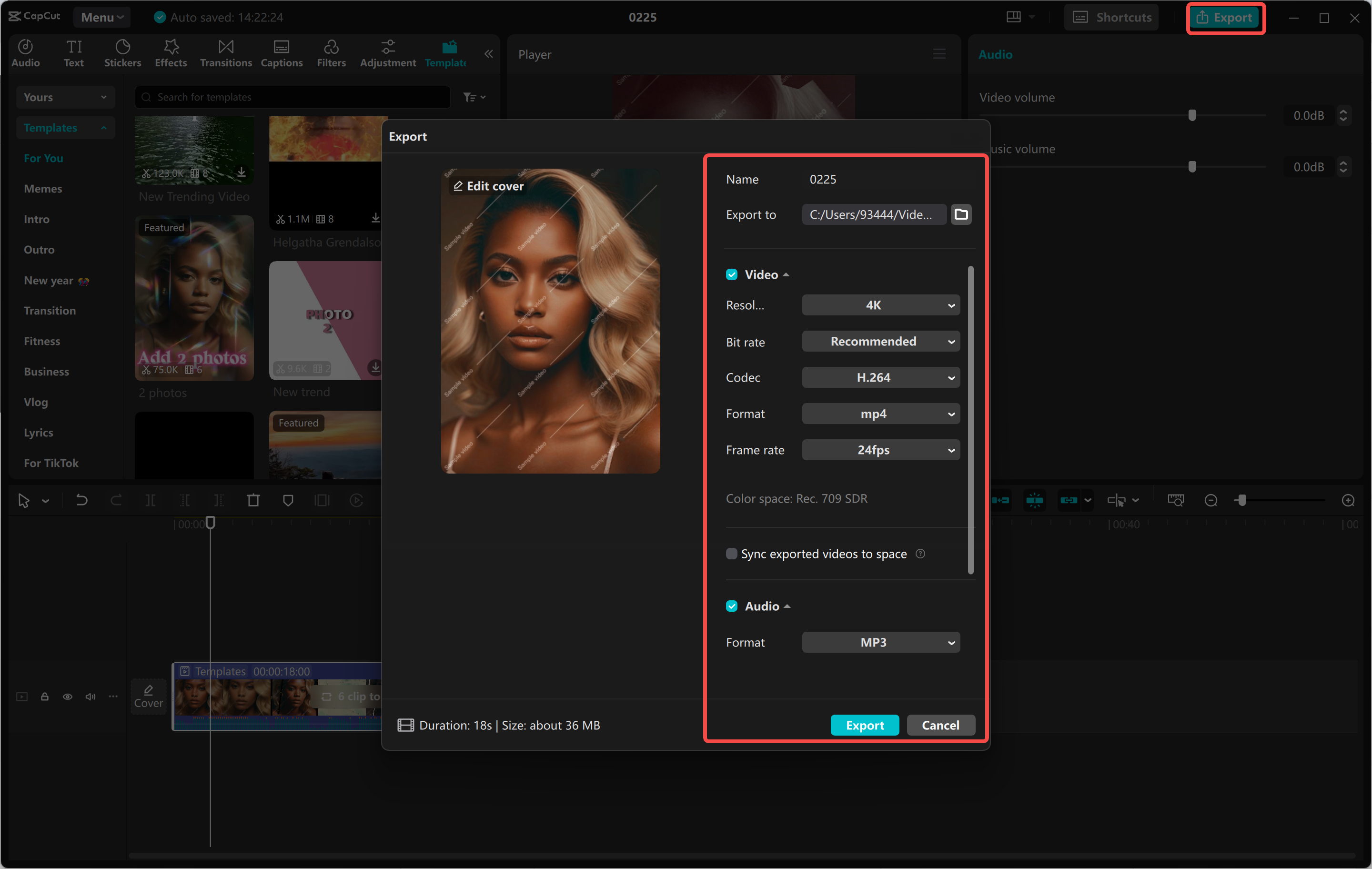 Exporting the Instagram reel template after customizing in the CapCut desktop video editor