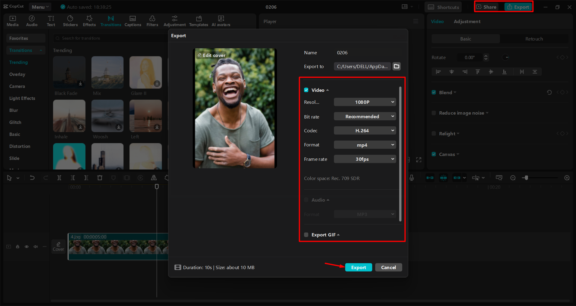 Експортування відредагованої котушки у відеоредактор робочого столу CapCut