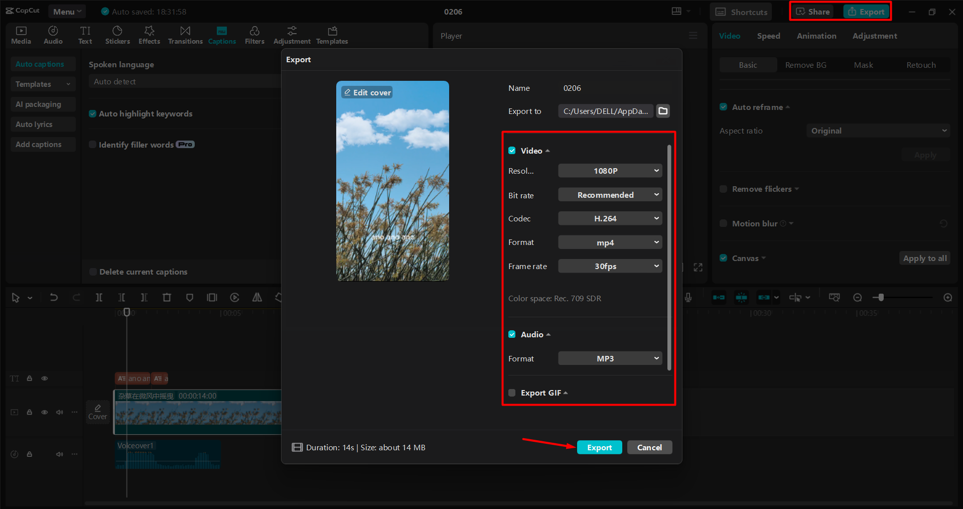 Exporting a video from the CapCut desktop video editor