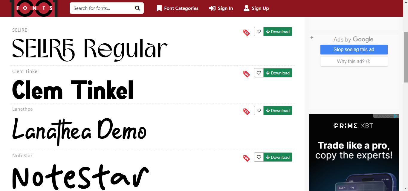 Interface de 1001 Polices - une plate-forme bien connue pour obtenir des polices d'écriture élégantes