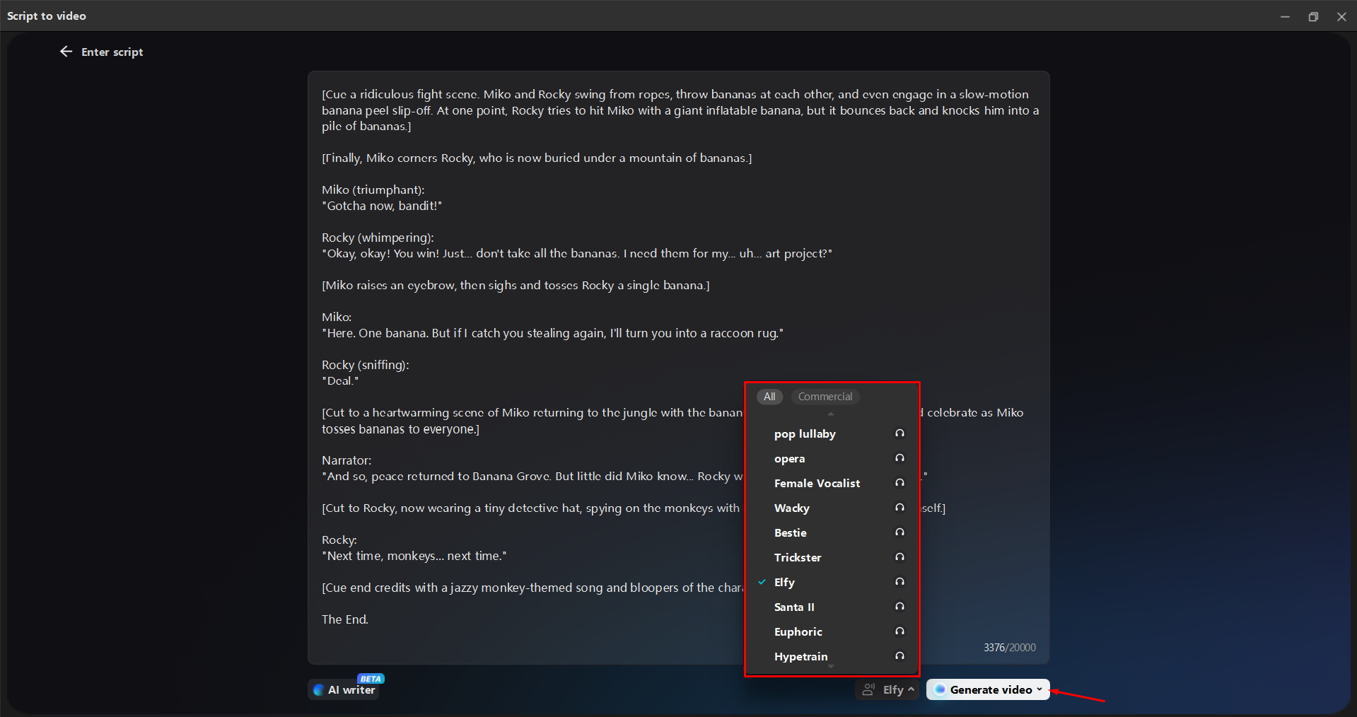 Выбор голоса для повествования в настольном видеоредакторе CapCut