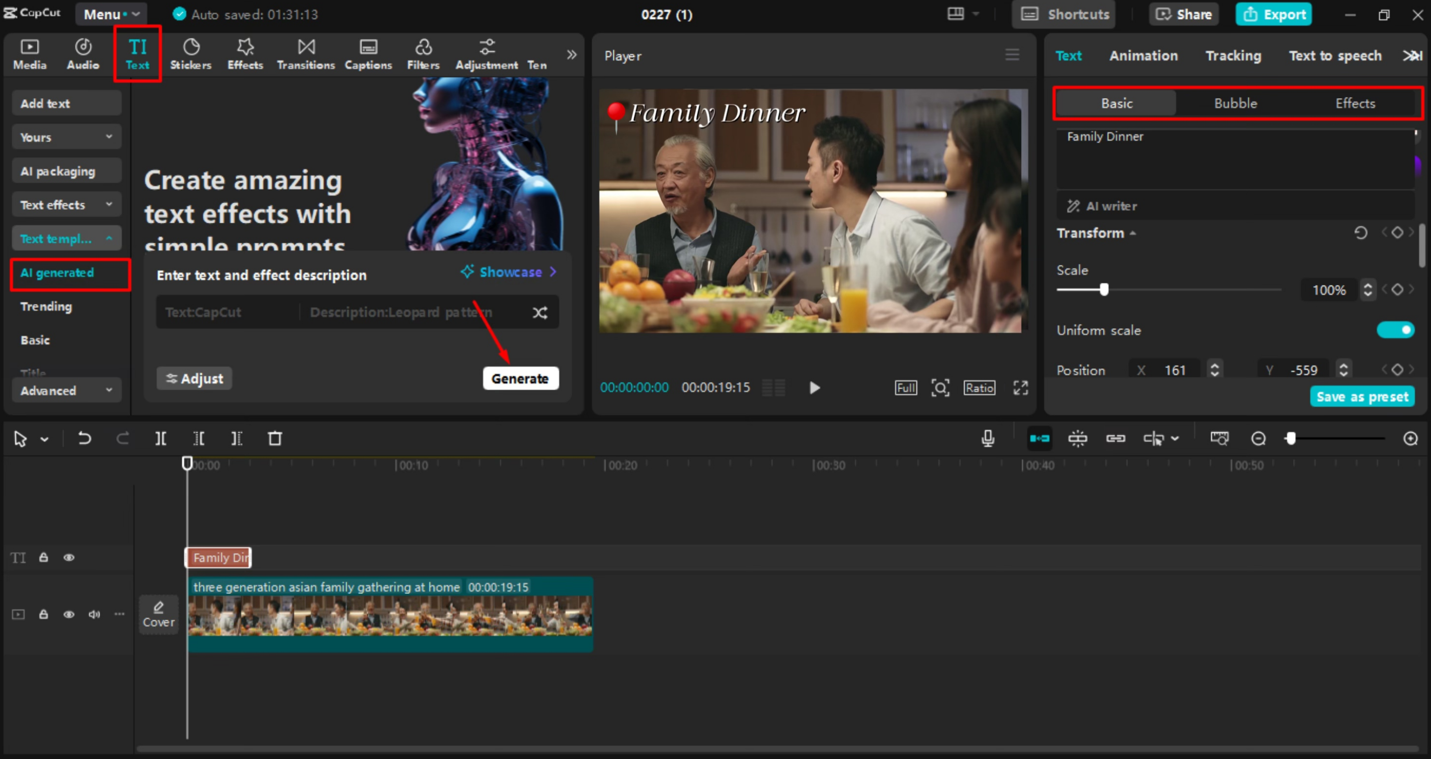 Menambah dan menyesuaikan teks dalam editor video desktop CapCut