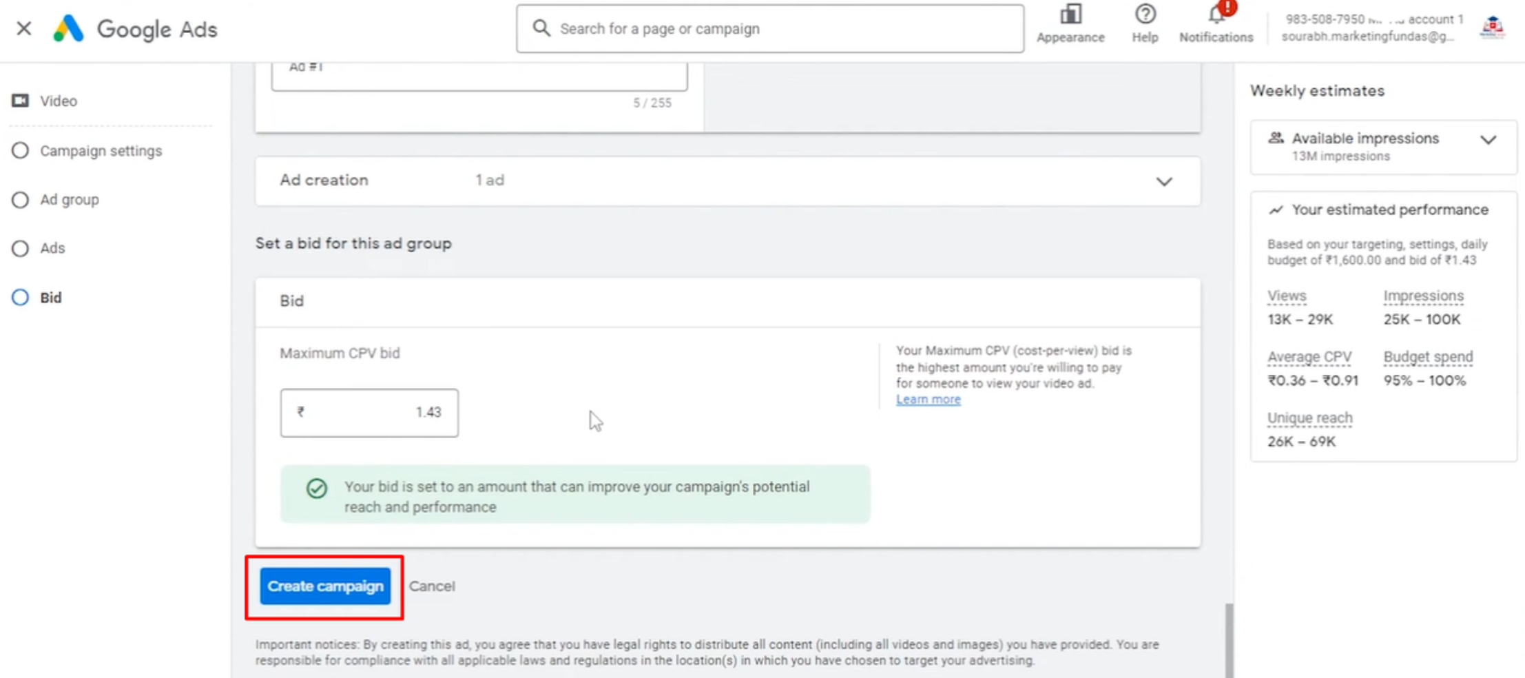 Finalizando la campaña de banner de YouTube en anuncios de Google