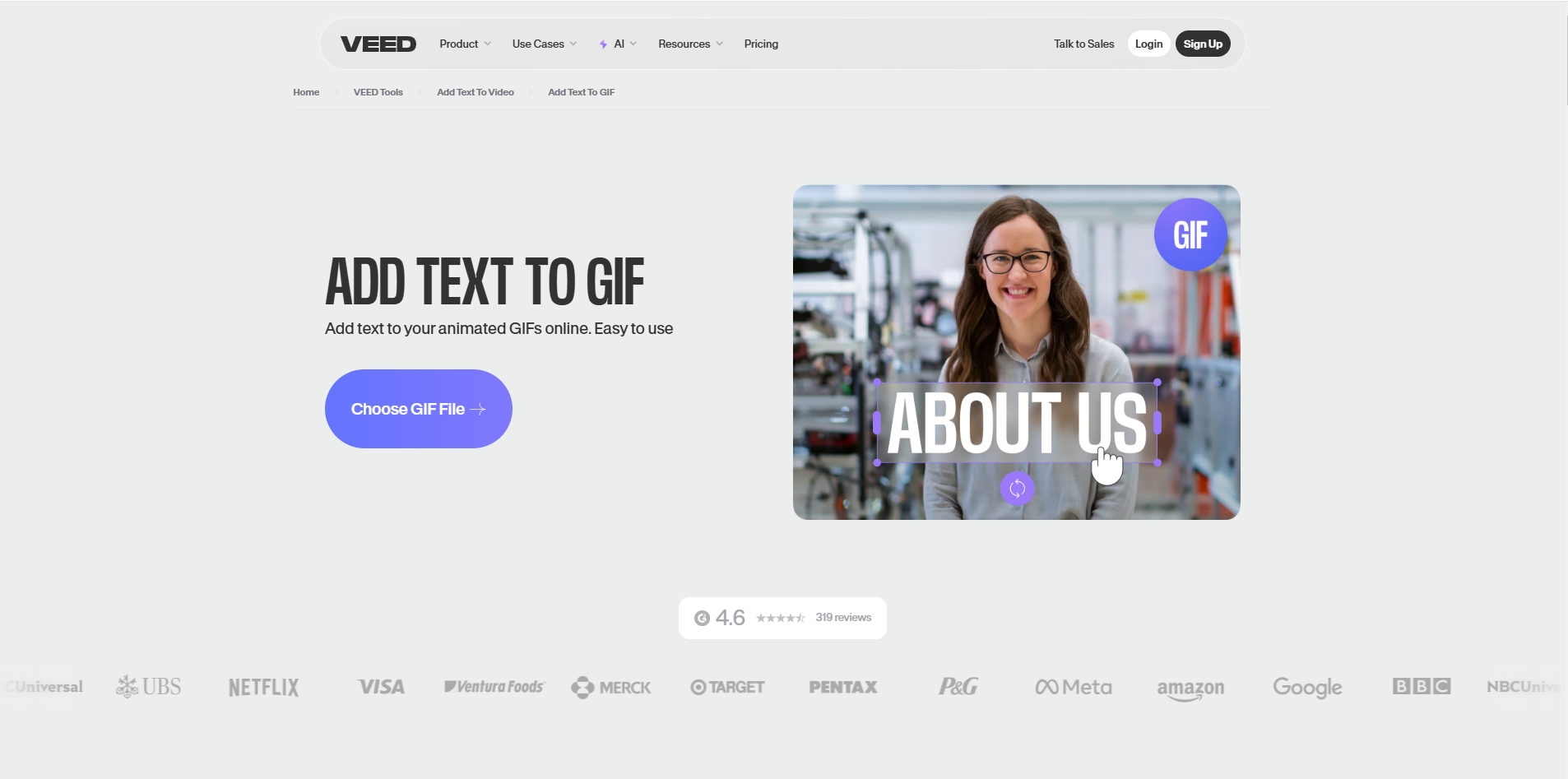 Interface of VEED.IO - a user-friendly tool to write on GIFs