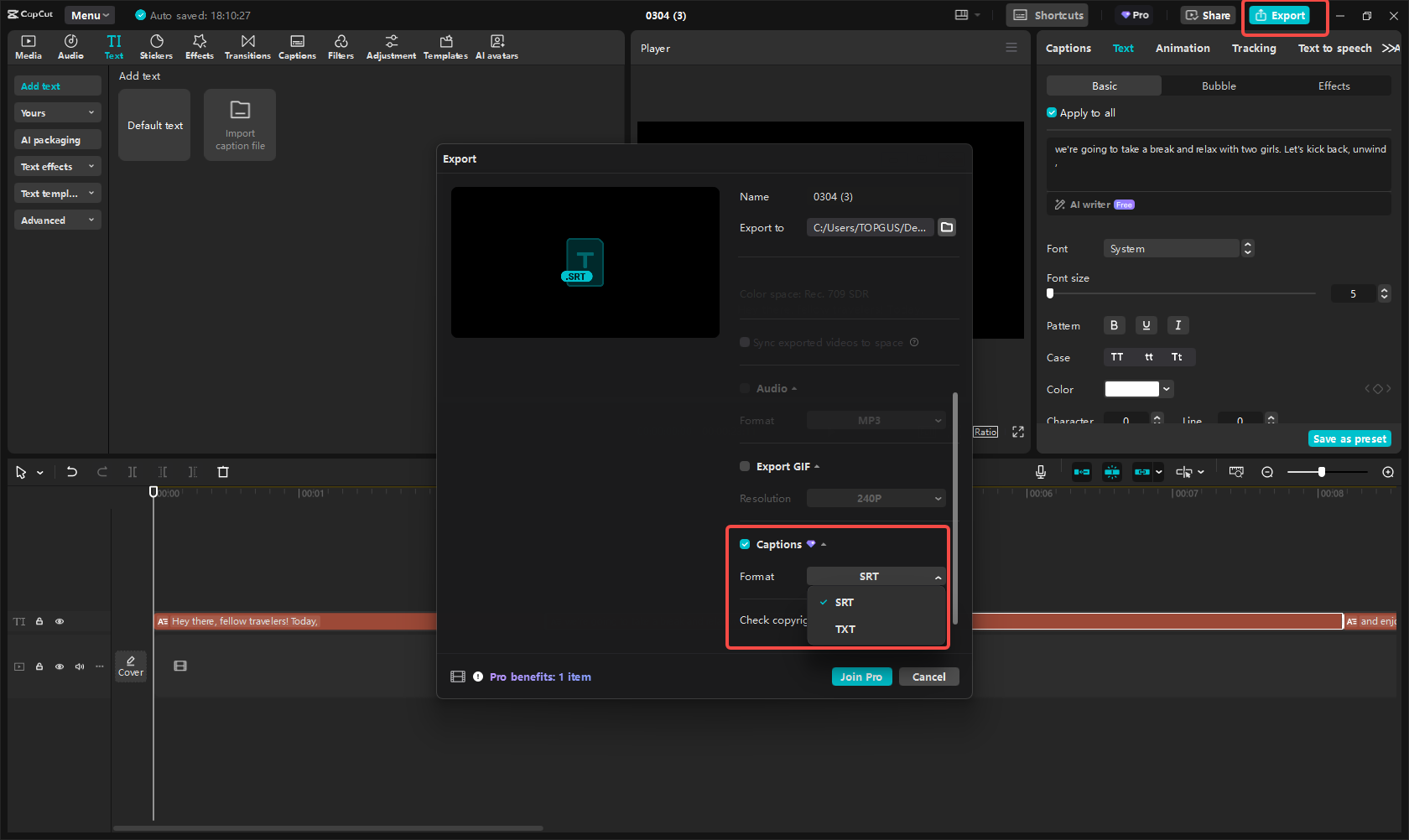 Export the text file