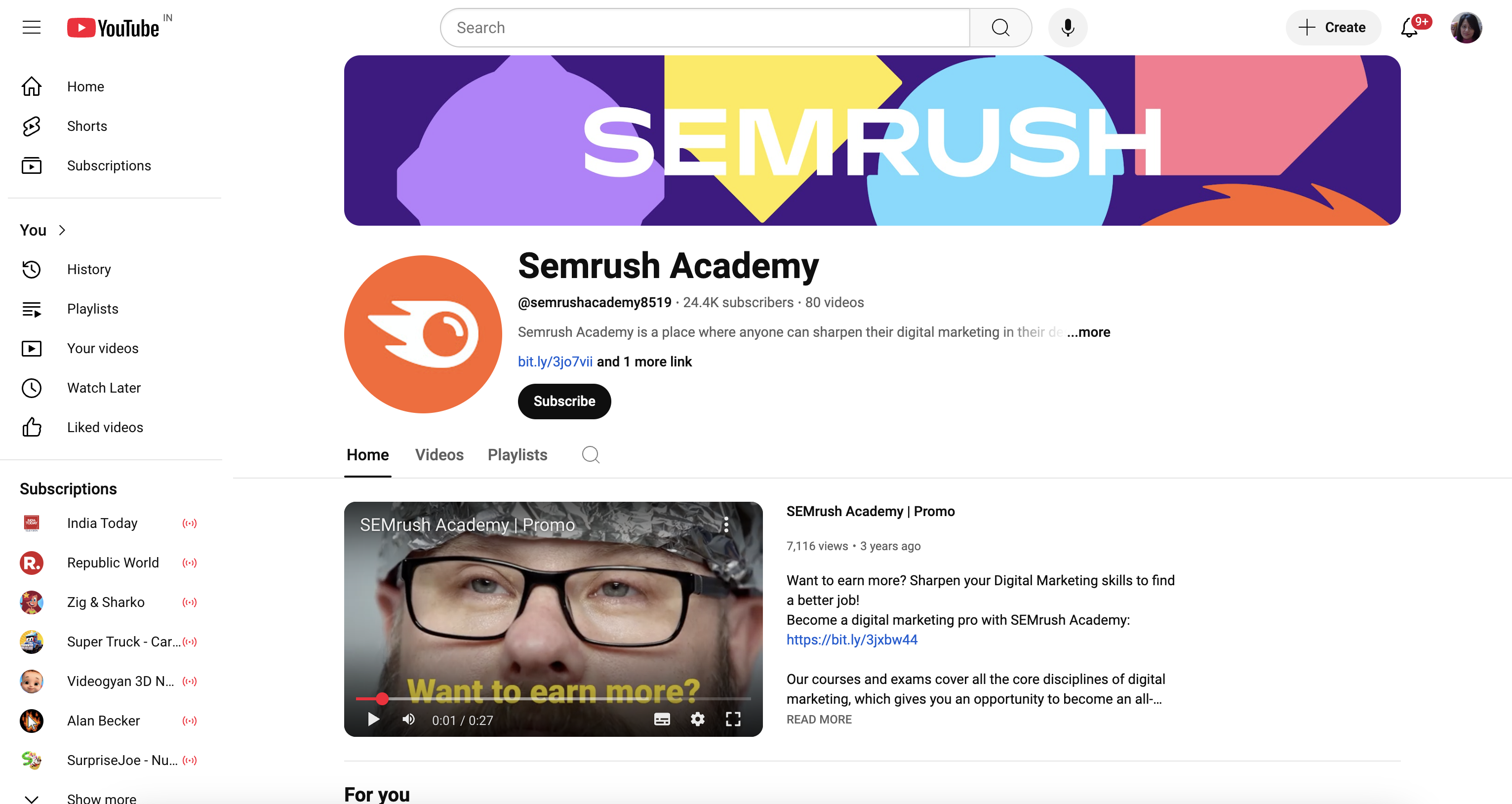 Semrush Academy YouTube channel for digital marketing