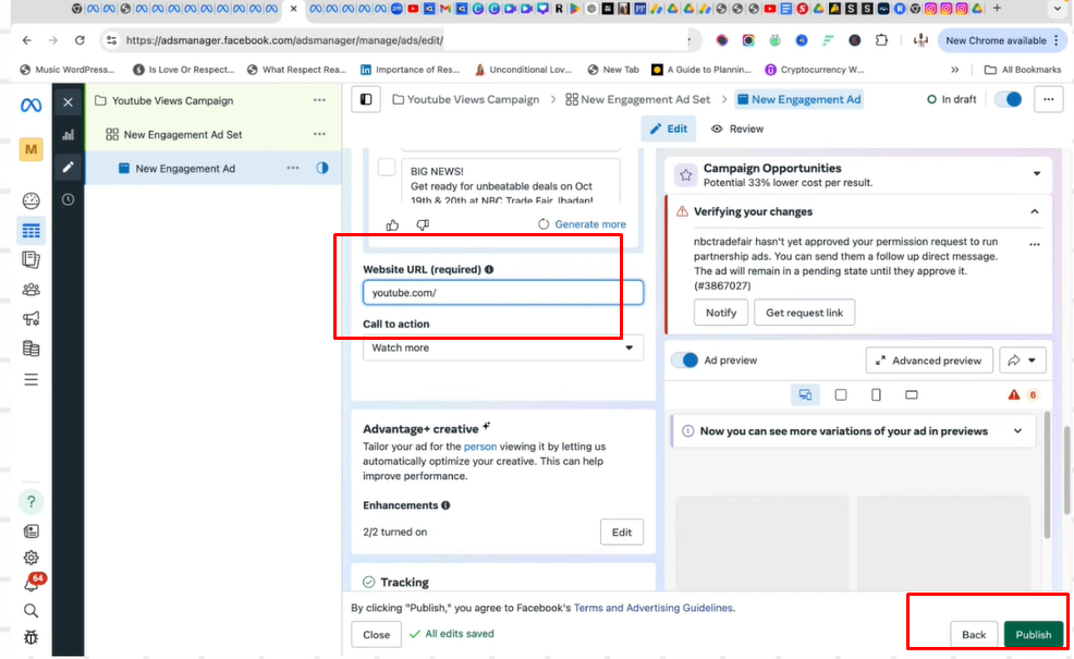 Videó URL hozzáadása a YouTube videó hirdetéséhez a Facebookon
