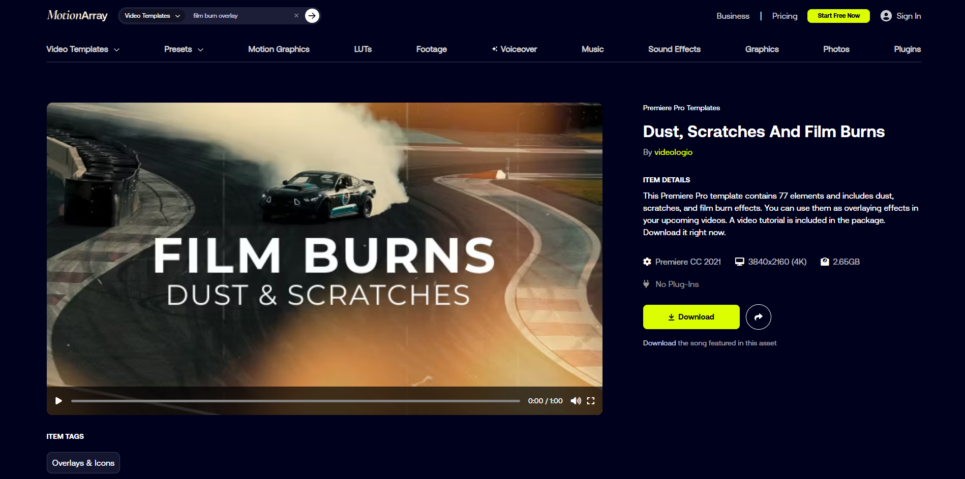 Interface of Motion Array - ein vielseitiger Ort, um Filmbrand-Overlays zu finden