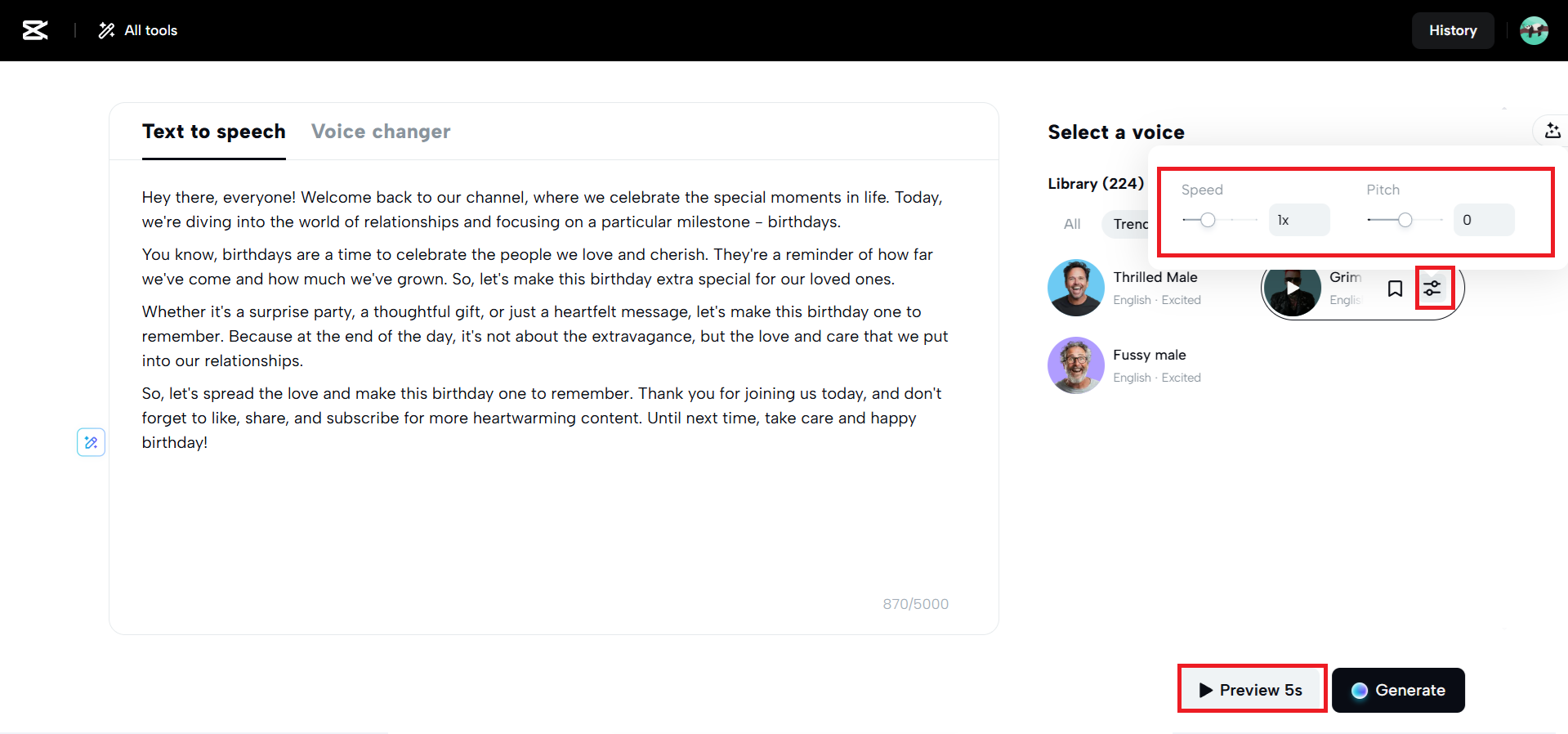 Adjust the speed and pitch and click on preview