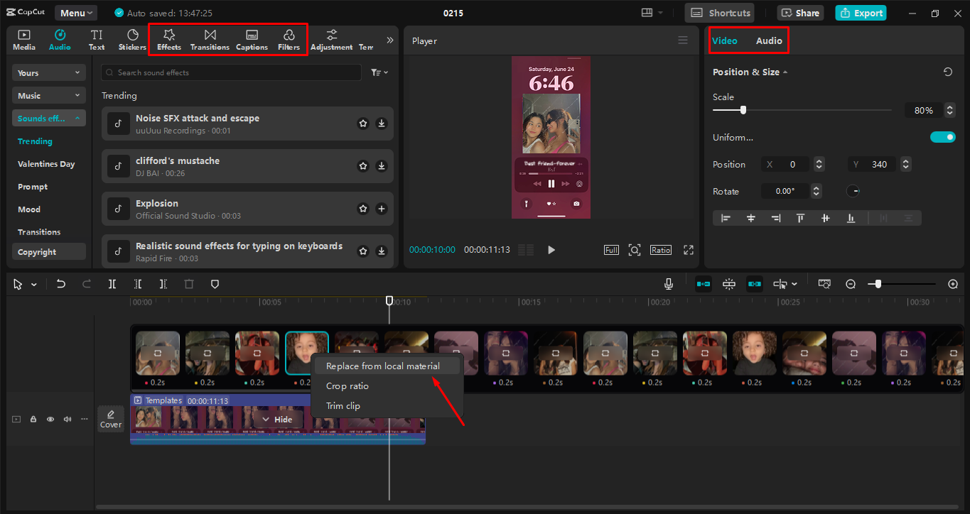 Modifying the Instagram Reel template in the CapCut desktop video editor