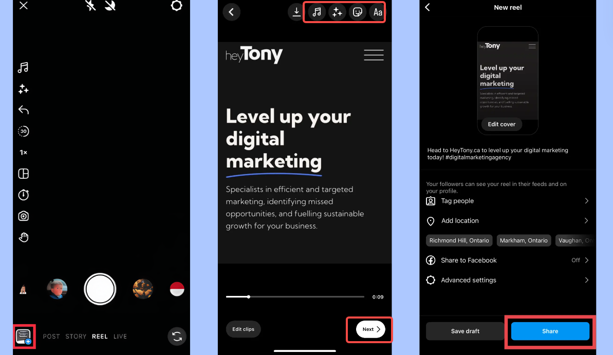 Saving and sharing the Reel