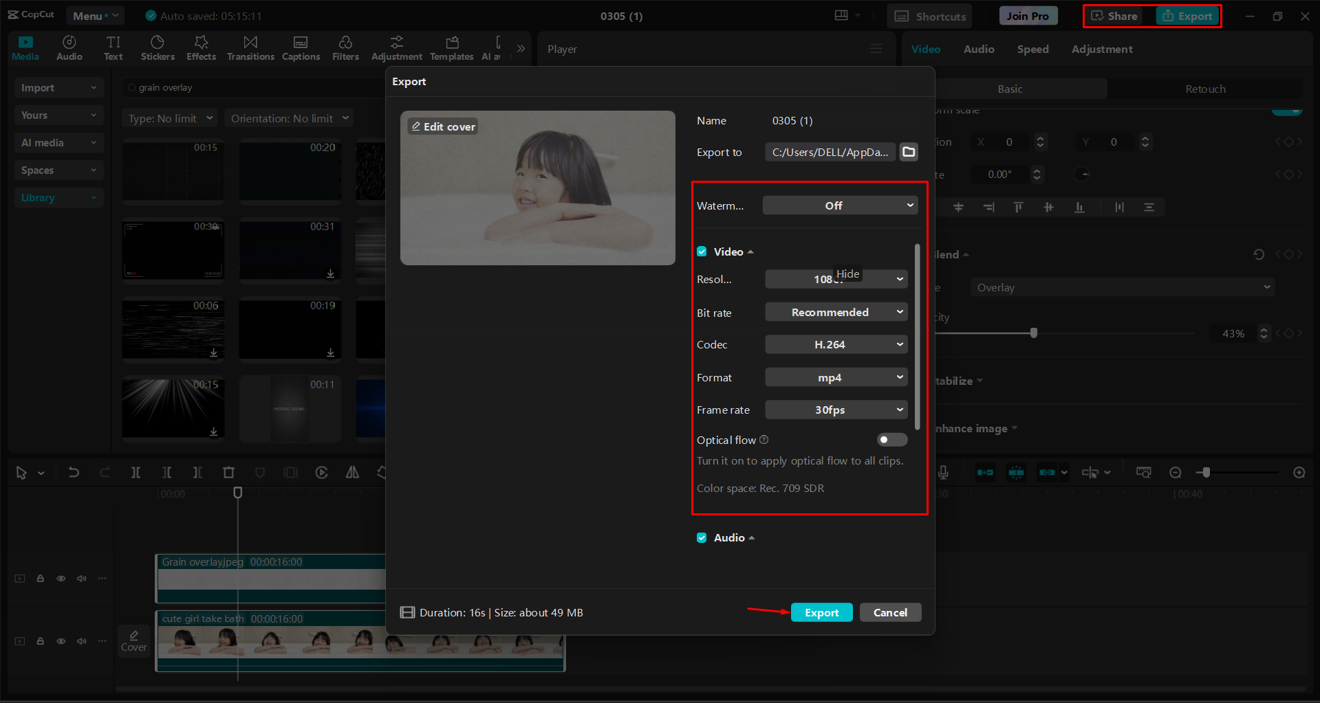 Exporting a video from the CapCut desktop video editor