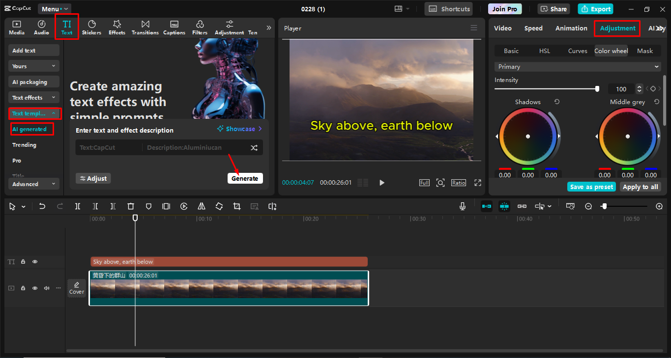 Adding text to the image in the CapCut desktop video editor