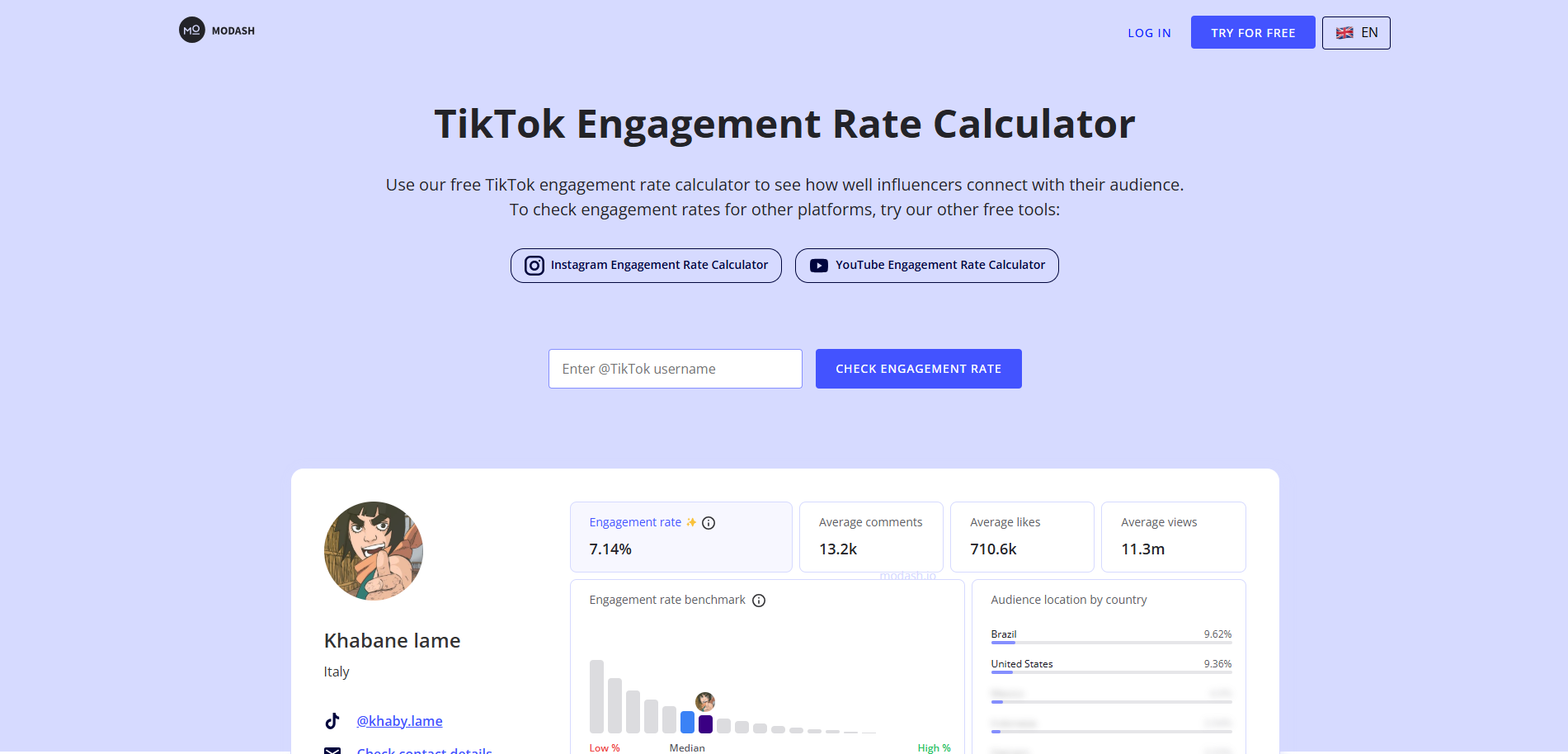 Интерфейс Modash - быстрый способ измерить вовлеченность TikTok