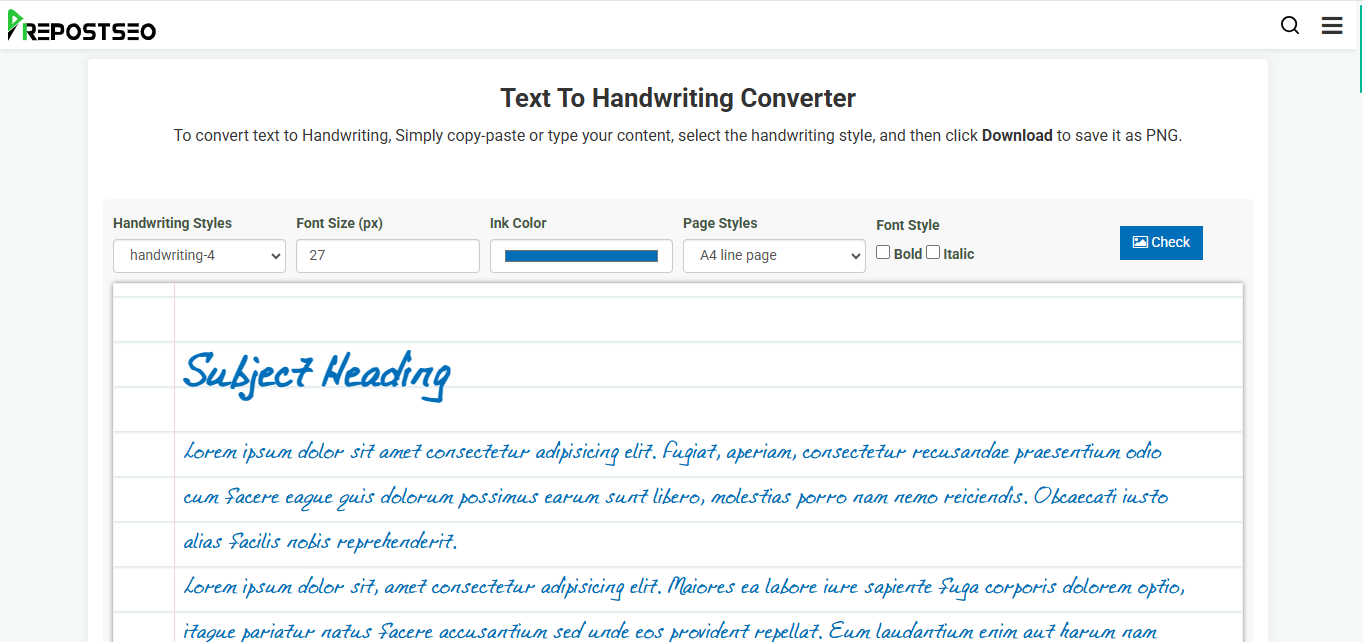 Interface of PrepostSEO - the well-known tool to transform text to handwriting