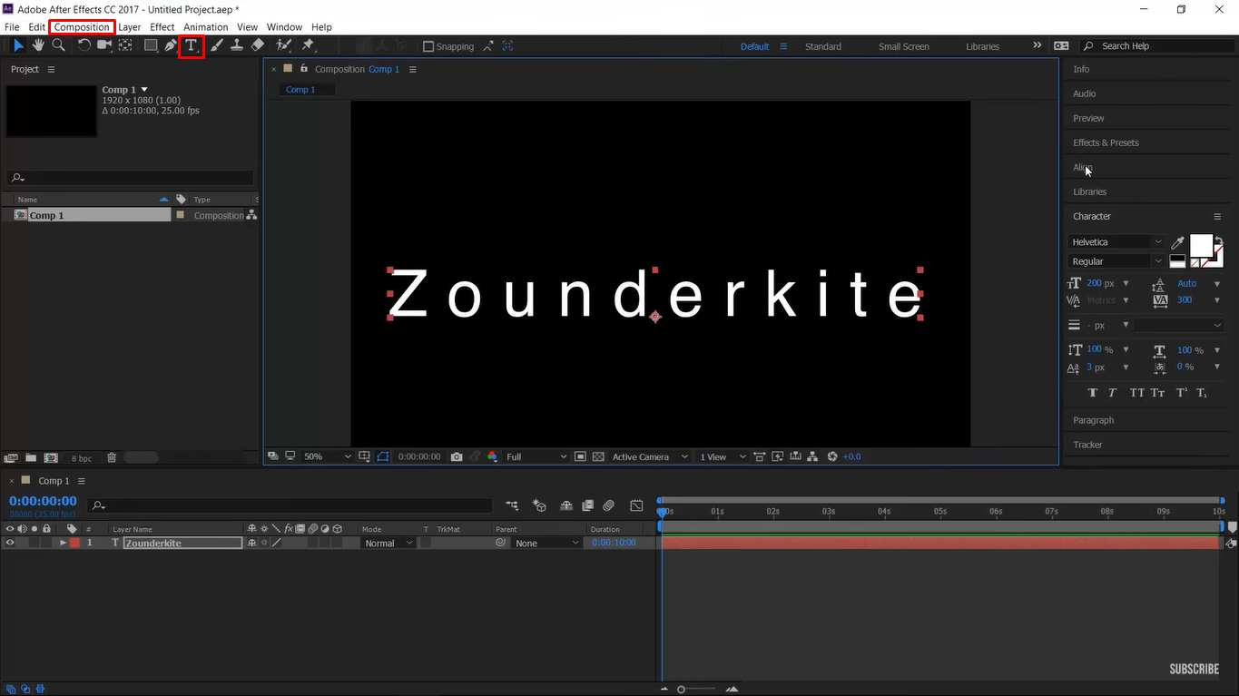 Création d'une nouvelle composition pour écrire des effets de texte dans After Effects