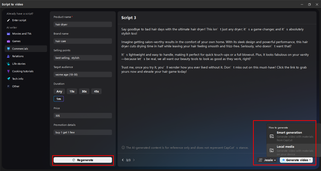 Editing the script in the CapCut desktop video editor