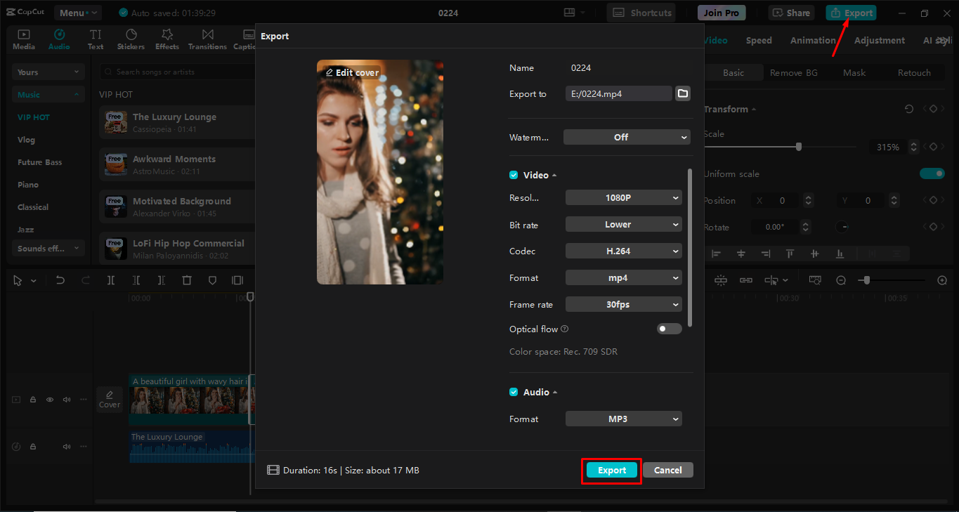 Esportazione di video nell'editor video desktop Capcut