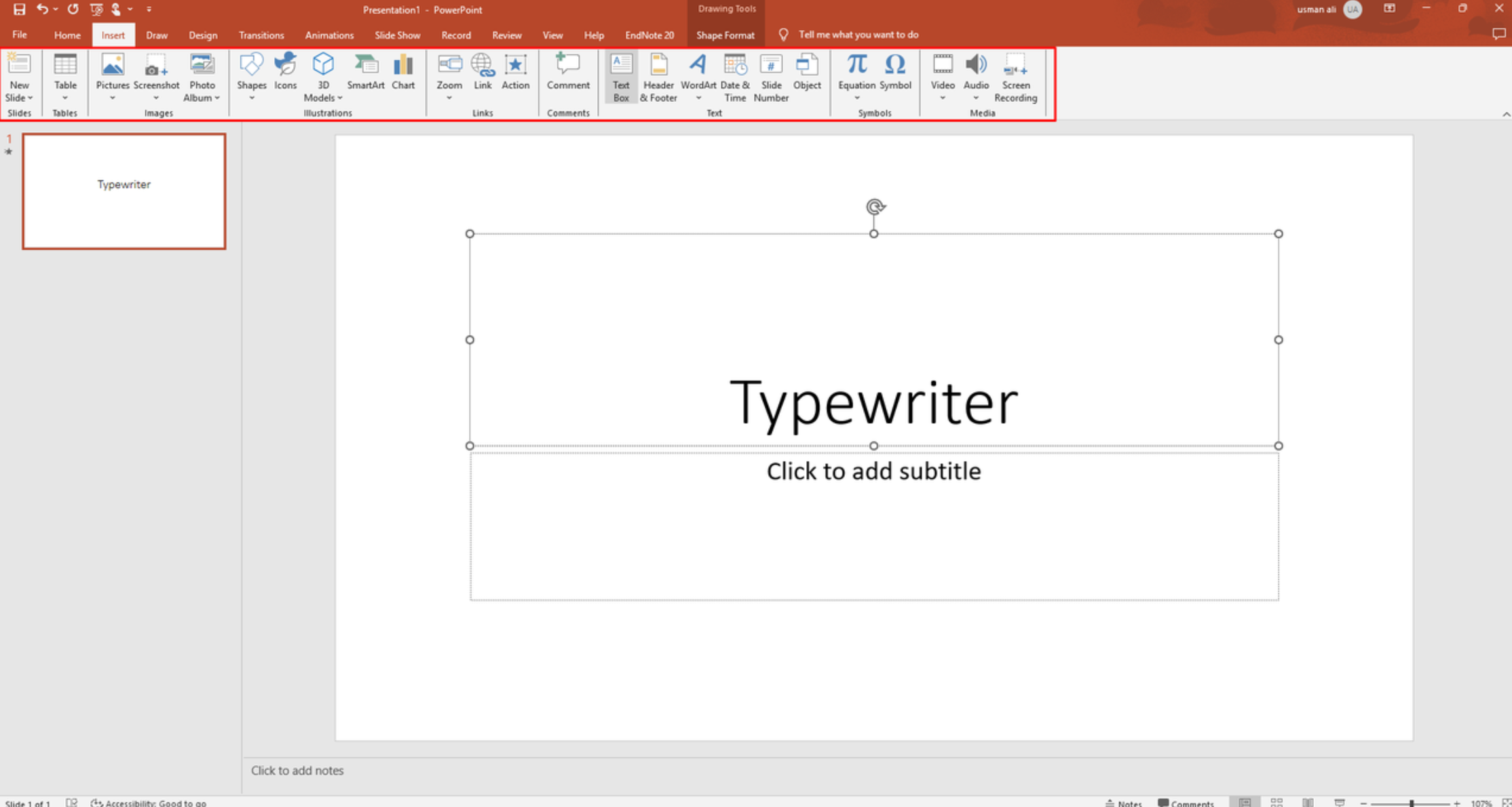Inserimento di una casella di testo per l'effetto macchina da scrivere in PowerPoint