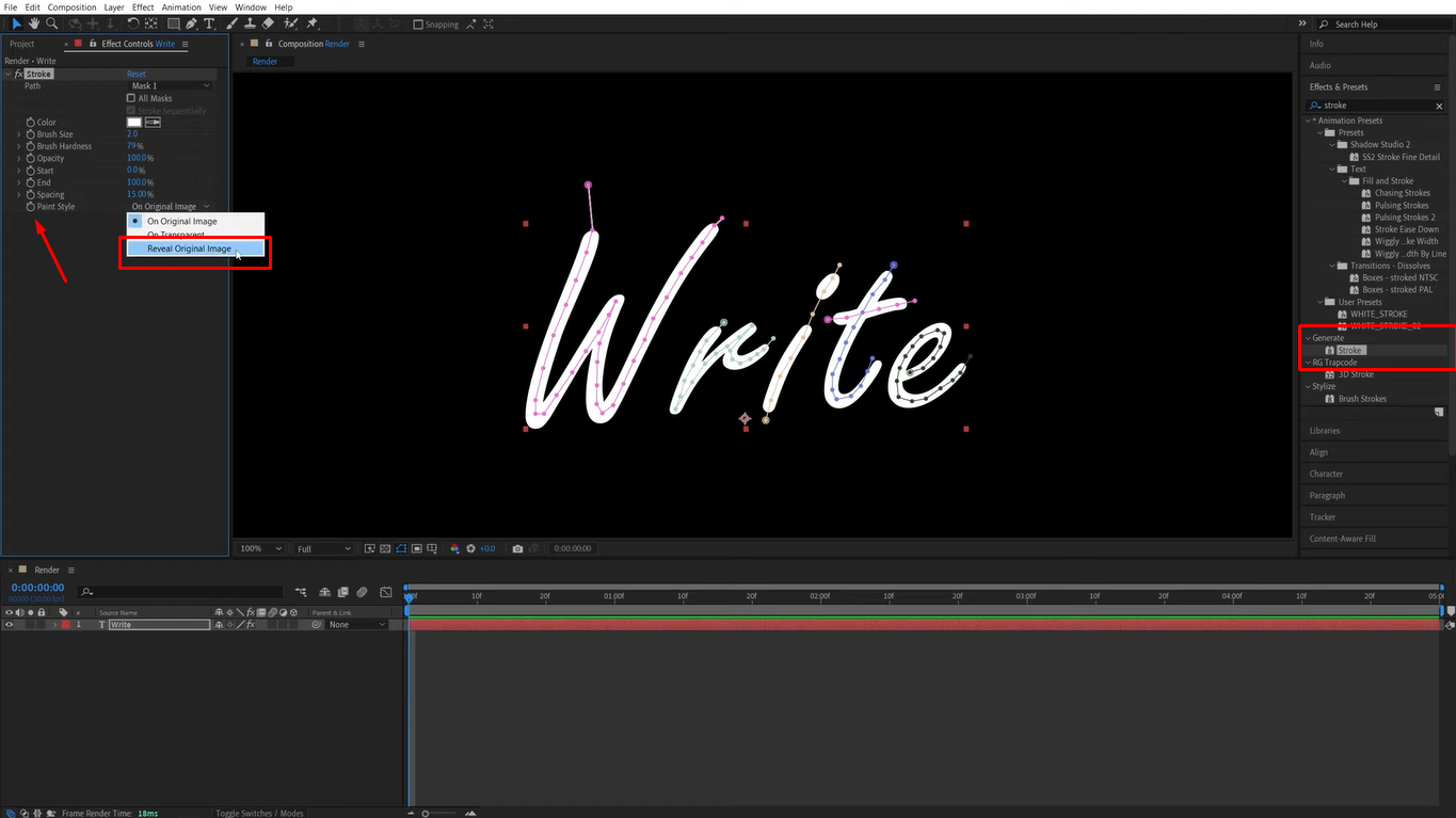 Applying the stroke effect to create handwriting effect animation in After Effects