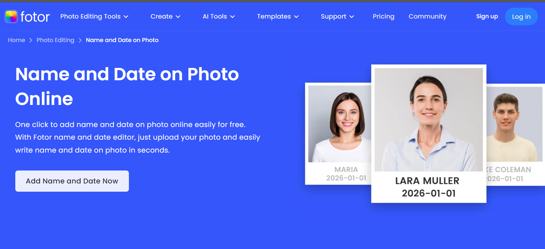 Fotor's photo name and date editor page