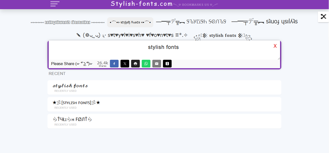 Interface of Stylish-fonts - the perfect fancy handwriting text generator for stylish fonts