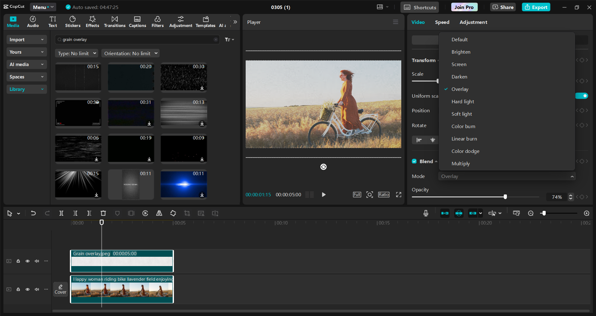 Interface of the CapCut desktop video editor - a quick way to add grain overlays in videos
